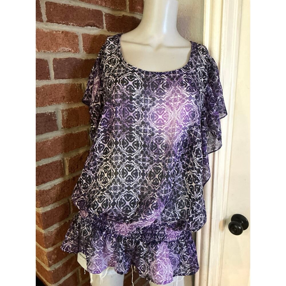 Plus Size Flowy Peplum Blouse Purple Printed Tunic Top 2X Comfy Flattering Daily